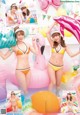 A woman in a bikini standing next to a pink flamingo.